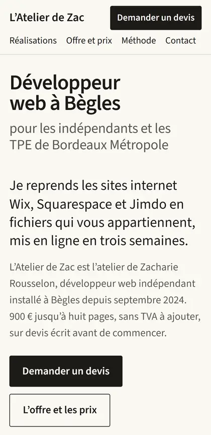 Le même accueil sur un téléphone de 360 px