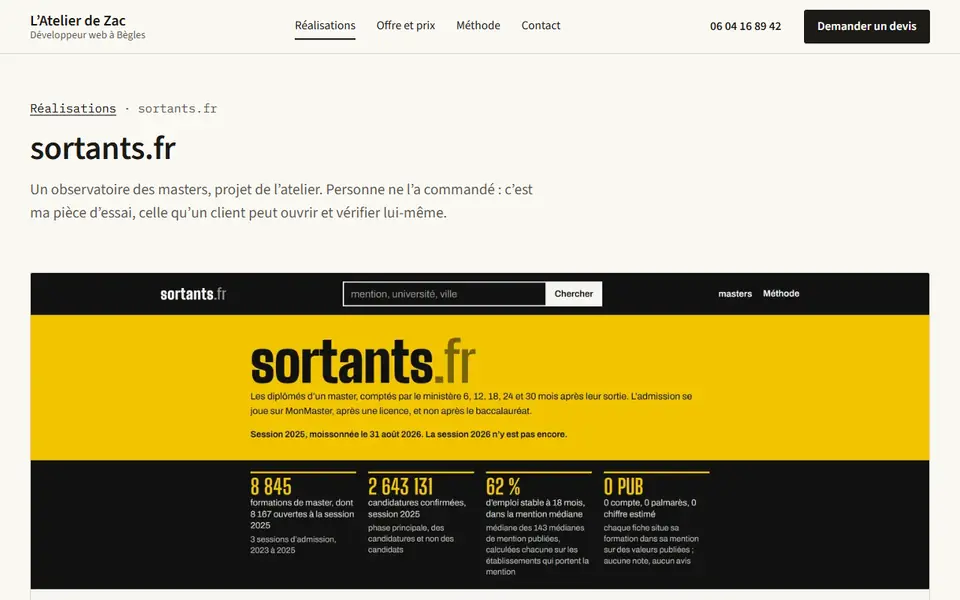 Page de réalisation consacrée à sortants.fr sur latelierdezac.fr