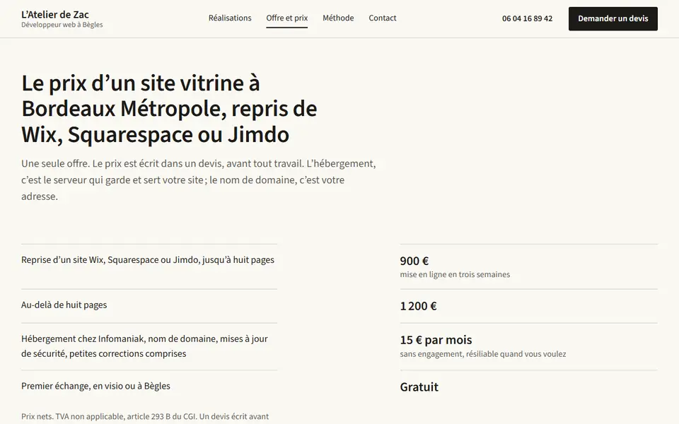 Page Offre et prix de latelierdezac.fr : 900 euros jusqu’à huit pages, 1 200 au-delà, 15 euros par mois d’hébergement
