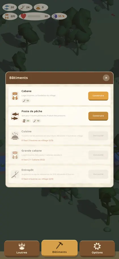 Sur téléphone, le panneau Bâtiments : cabane, poste de pêche, cuisine, grande cabane, entrepôt