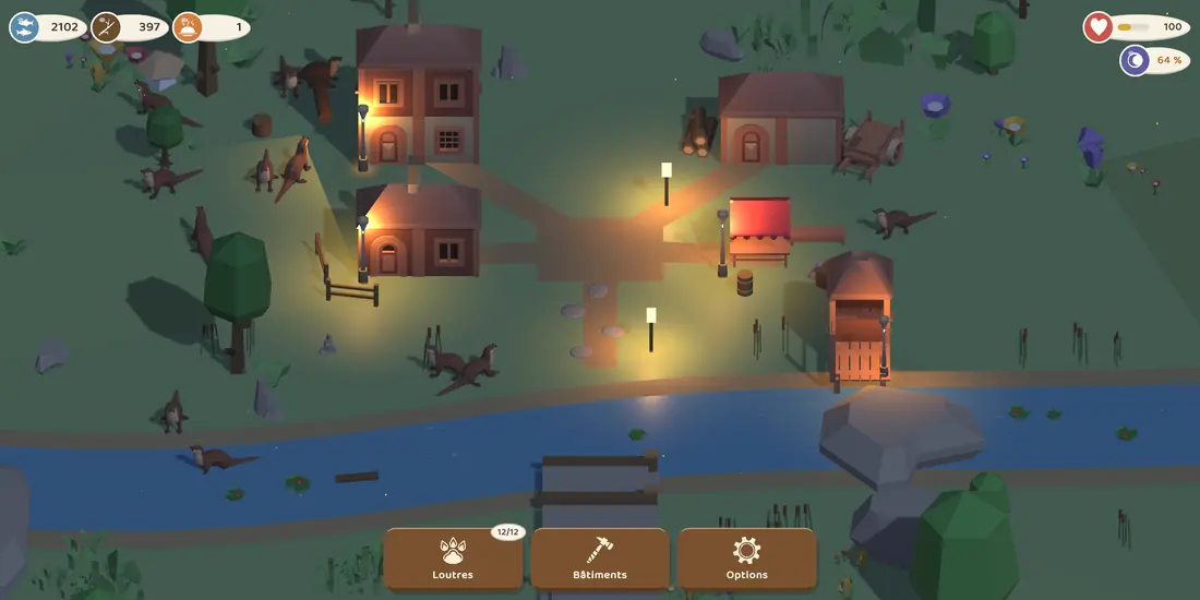 Le village de nuit : quatre bâtiments éclairés, des lanternes le long des chemins, douze loutres entre la forêt et la rivière