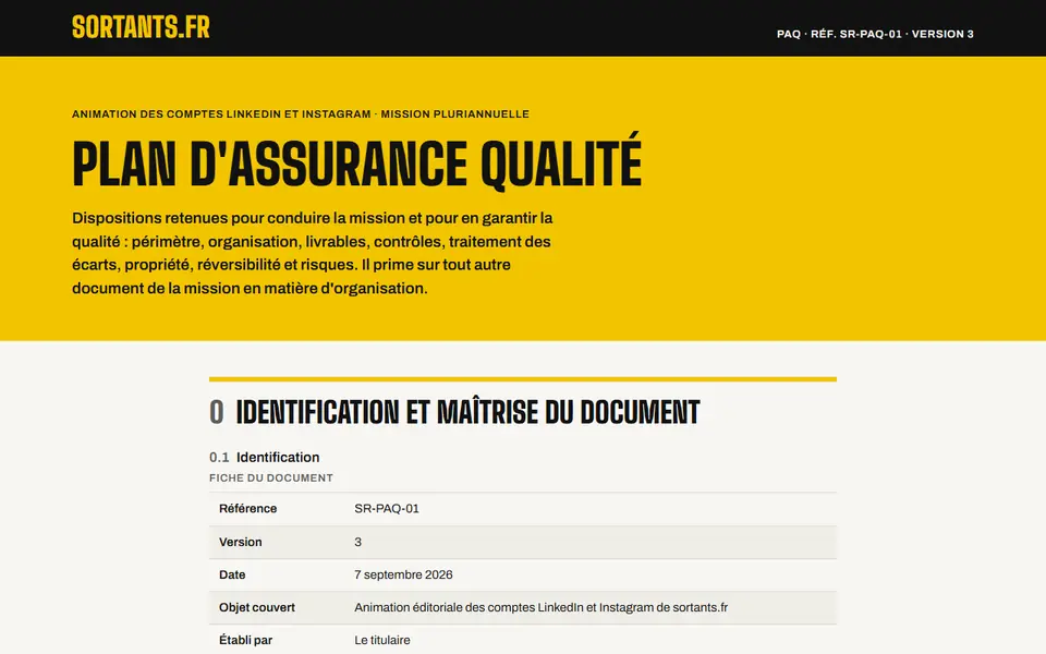 Première page du plan d’assurance qualité : identification et maîtrise du document, référence, version, date