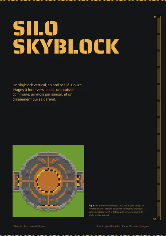 Couverture du cahier de plans : le titre Silo Skyblock et le plan du niveau central vu du dessus