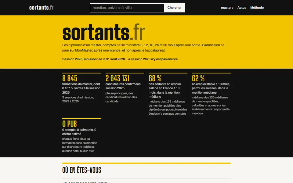 Accueil de sortants.fr : le titre, puis cinq nombres sur bande sombre