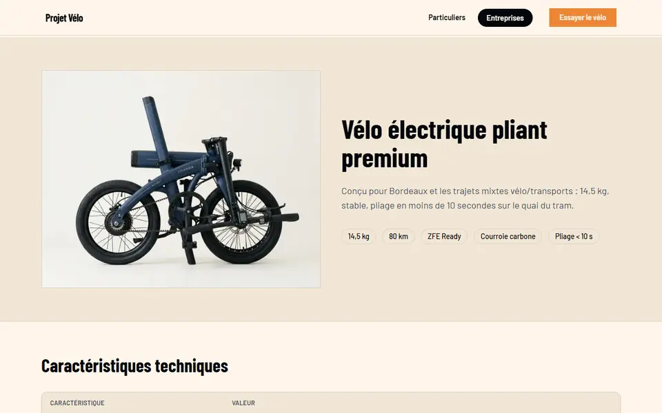 Fiche produit : vélo électrique pliant, 14,5 kg, 80 km, pliage en moins de 10 secondes